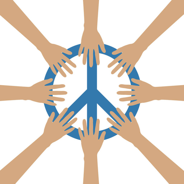 grupo de manos humanas construyen un círculo alrededor del símbolo de la paz - Vector, Imagen