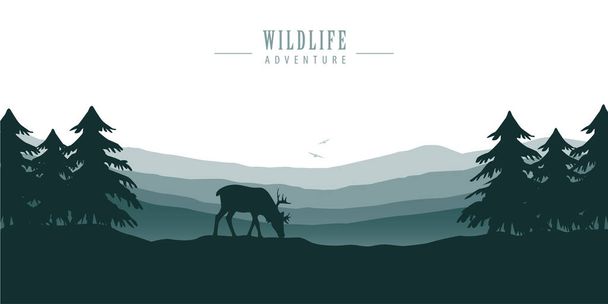 山の景色を望む森の野生動物鹿｜青自然景観 - ベクター画像