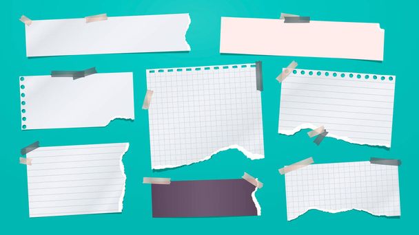 Set of torn white note, notebook paper pieces stuck with sticky tape on turquoise background. Vector illustration - Вектор, зображення