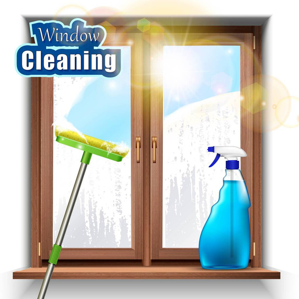 3d lavagem vetorial realista do fundo janelas, com esfregão e spray produto. - Vetor, Imagem