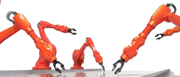 Bras robotiques Industriel Rouge avec convoyeur vide Contrôle et contrôle Ingénieur Concept et isolé sur fond blanc - rendu 3d - Photo, image