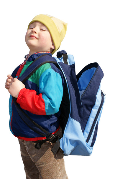Хлопчик з гордістю стоїть з відкритим рюкзаком, ізолятором
 - Фото, зображення