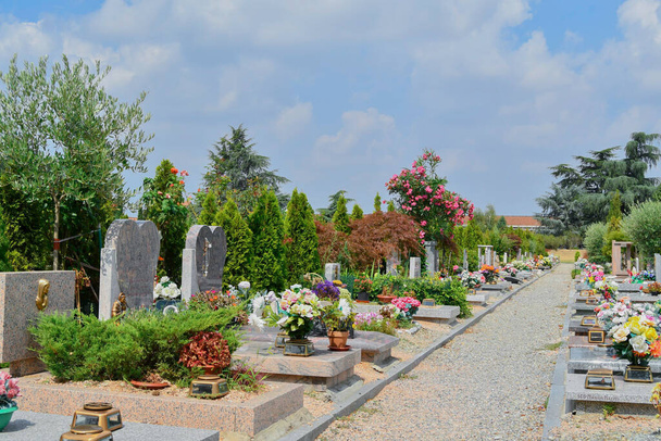 Sekwencja grobowców na ziemi z kolorowymi plastikowymi kwiatami - Zdjęcie, obraz