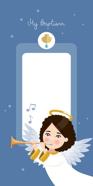 Angel playing the trumpet. My Baptism vertical invitation on blue sky and stars invitation. Vector illustration - Vector, Image