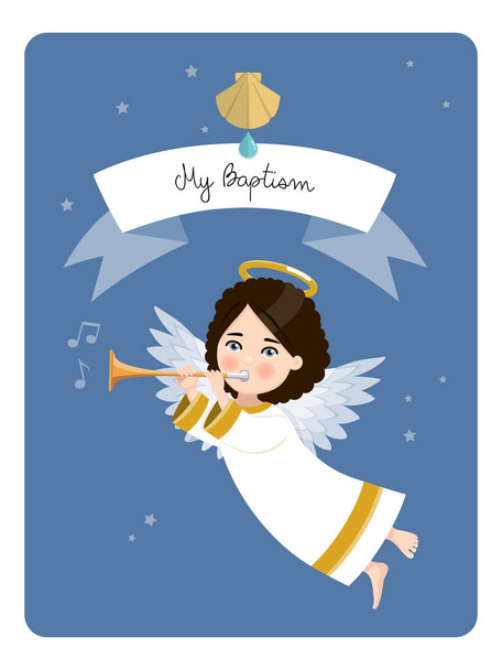 Angel tocando la trompeta. Mi recordatorio de bautismo sobre el cielo azul y el fondo de las estrellas. Ilustración vectorial - Vector, imagen