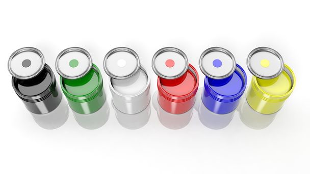 Six cans full with various colors paint isolated  - Photo, Image