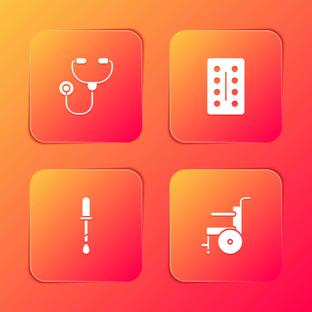 Set Stethoscope, Pills in blister pack, Pipette and Wheelchair for disabled person icon. Vector. - Vector, Image