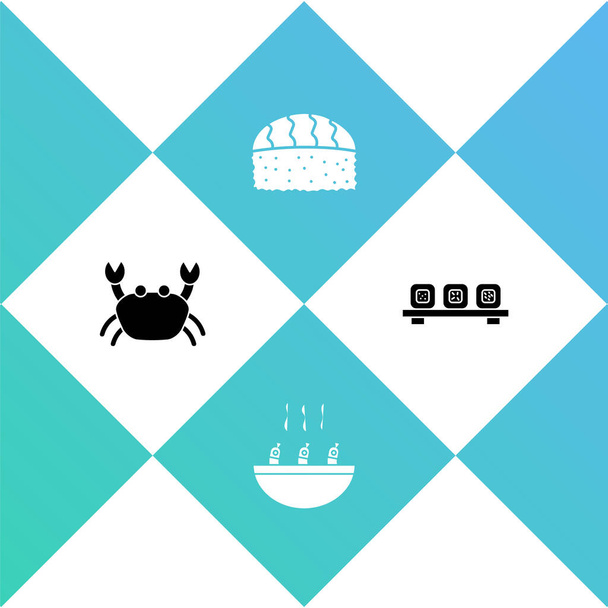 Set krab, soep met garnalen, sushi en op snijplank icoon. Vector. - Vector, afbeelding