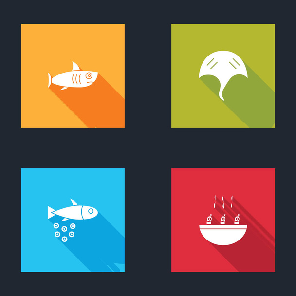 Set Haai, Stingray, Vis met kaviaar en soep garnalen icoon. Vector. - Vector, afbeelding