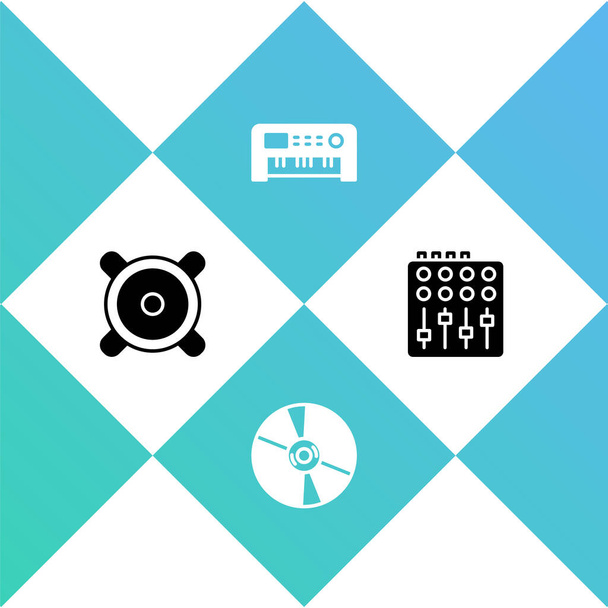 Set Stereo speaker, CD or DVD disk, Music synthesizer and Sound mixer controller icon. Vector. - Vector, Image