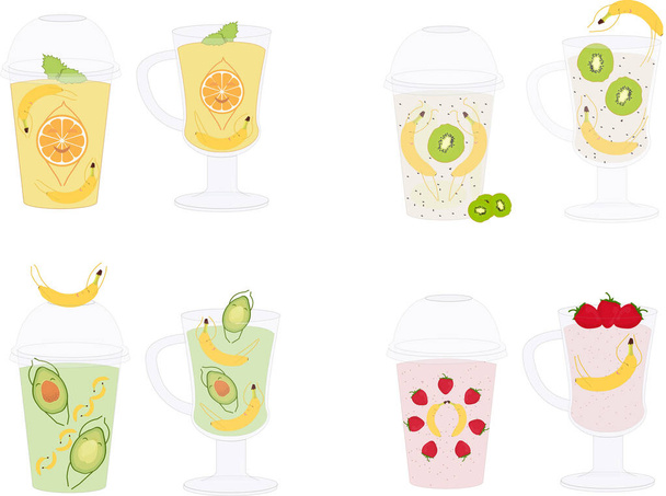 Four types of smoothies in plastic and glass cups. Kiwi smoothie, orange smoothie, strawberry smoothie, mango smoothie. Vector illustration. - Vector, afbeelding
