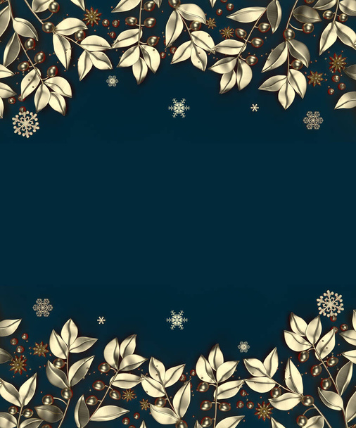 Fondo de Navidad azul oscuro con una guirnalda de hojas doradas y copos de nieve - Foto, imagen