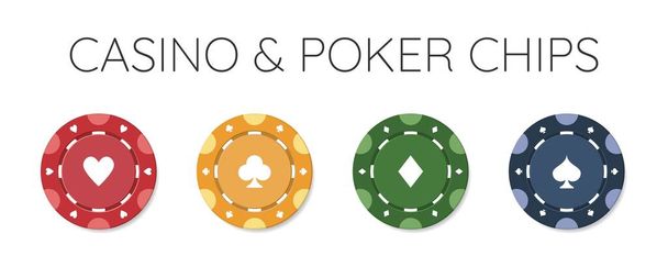 Kasino pelimerkkejä pokeria tai rulettia kortilla sopii. Kirkkaasti värillisiä elementtejä suunnitella logo, verkkosivuilla tai taustalla. Vektoriesimerkki. - Vektori, kuva