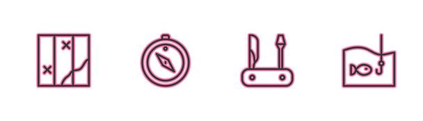 Set Line Faltkarte, Schweizer Taschenmesser, Kompass und Angelhaken mit Fischsymbol. Vektor - Vektor, Bild