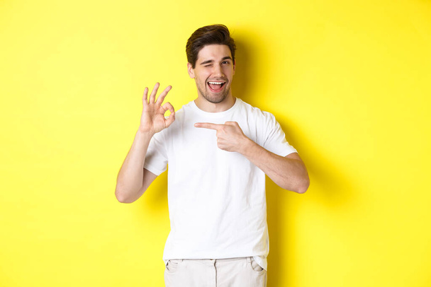 Image of handsome young man approve something, showing okay sign and winking, standing against yellow background - Zdjęcie, obraz