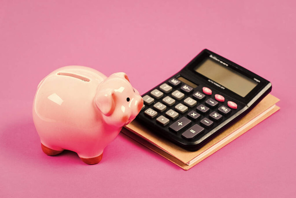Economics and finance. Calculate profit. Piggy bank pink pig and calculator. Business administration. Finance manager job position. Trading exchange. Trade market. Finance control. Credit concept - Photo, Image
