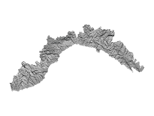 Fekete-fehér 3D-s kontúr topográfia Liguria olasz régió térképe - Vektor, kép