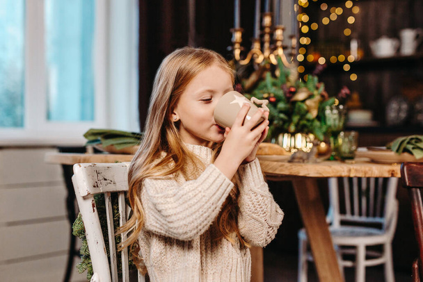 Little girl drinking cocoa with cookies at home against Christmas background - Фото, изображение