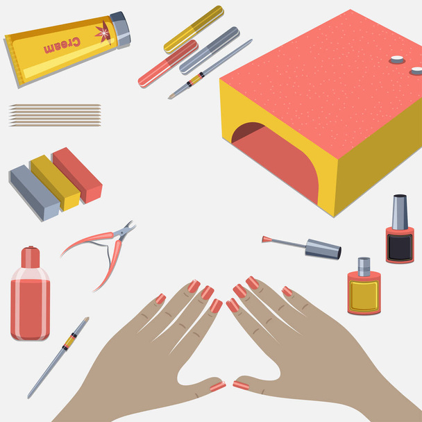 Female manicured hands. Vector set with nail scissors, polish, cream. Concept for nail studio, salon.  - Vector, Image