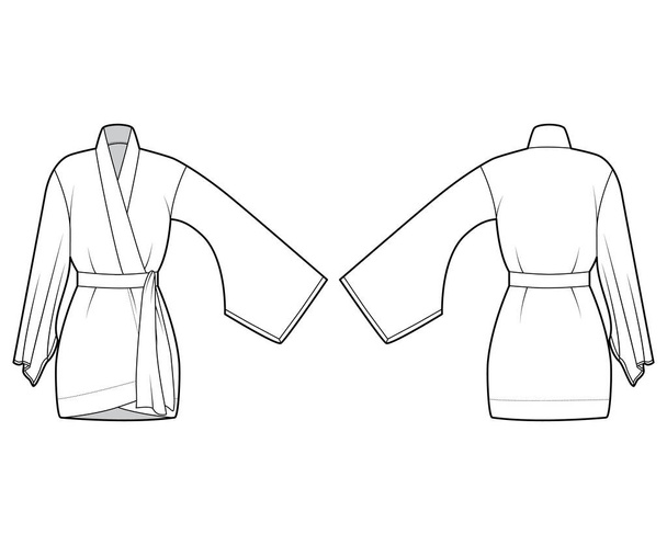 Kimono abito tecnico illustrazione di moda con maniche lunghe e larghe, cintura per stringere la vita, sopra il ginocchio. - Vettoriali, immagini