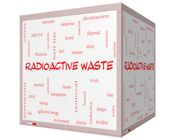 radioactief afval woord wolk concept op een 3d cube whiteboard - Foto, afbeelding