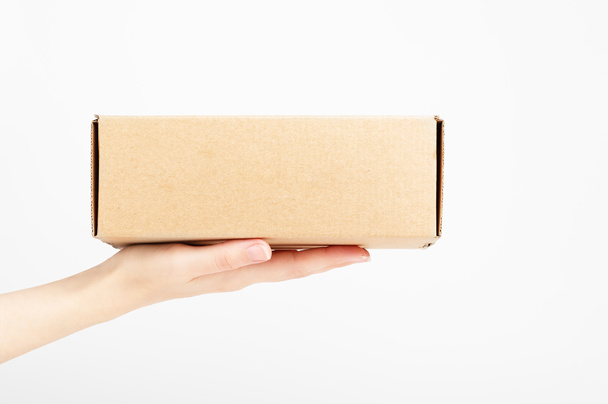 Female hand holding carton box. Food conveyance. Fast delivery service. Mockup style and place for text. Package and shipping concept. Isolated on white. - Foto, Imagen