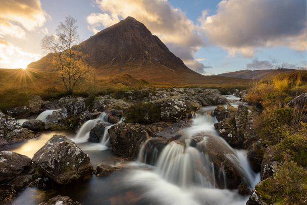 Buachaille Etive Mor Waterfall At Sunset In The Scottish Highlands. - Photo, Image