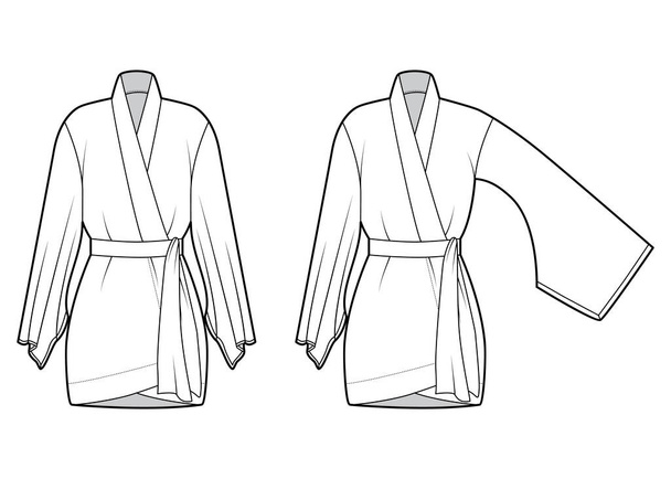 Set van Kimono badjas technische mode illustratie met lange brede mouwen, riem om de taille vast te maken, boven de knie lengte - Vector, afbeelding