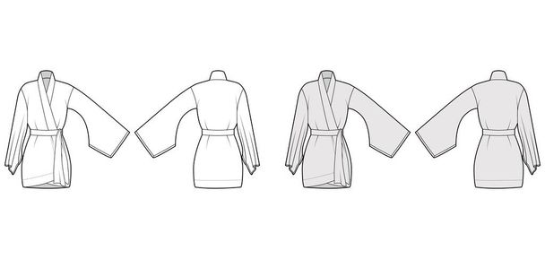 Kimono köntös technikai divat illusztráció hosszú széles ujjú, öv cinch a derék, felett-a-térd hossza. - Vektor, kép