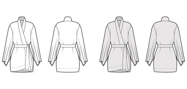 Kimono roupão técnica moda ilustração com mangas largas longas, cinto para cinch a cintura, acima do joelho comprimento. - Vetor, Imagem