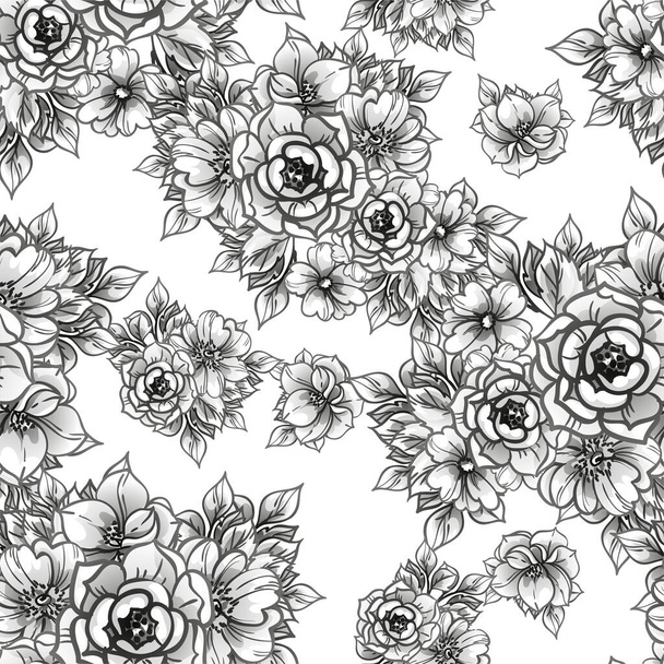 seamless vector pattern with black lined flowers on white - Vektör, Görsel