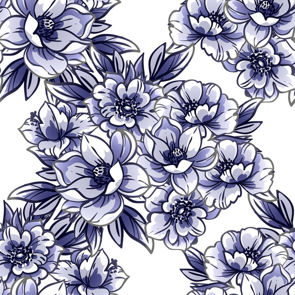 seamless vector pattern with blue flowers on white - Vector, Imagen
