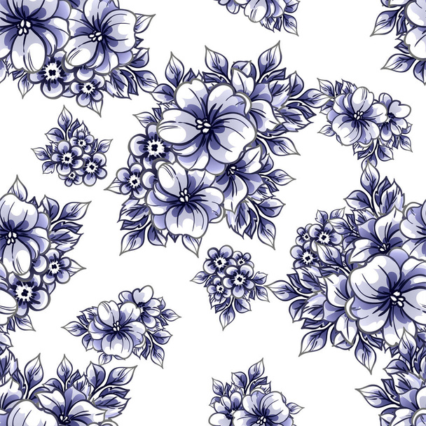 seamless vector pattern with blue flowers on white - Vektör, Görsel