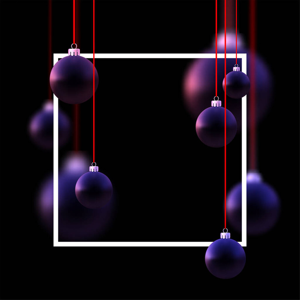 Matt dark blue christmas baubles hanging on red ribbon. Black background. Vector festive illustration. - ベクター画像