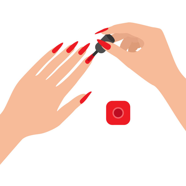 Lange nagels bedekt met vernis, bovenaanzicht. De vrouw verft haar nagels met rode vernis. Thuiszorg. Vector - Vector, afbeelding