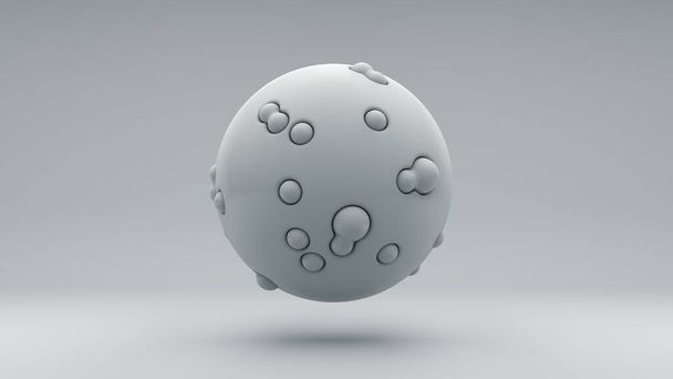 白い背景に完璧な白いボールの3Dレンダリング。大きさの異なる小さなボールが球の表面に押し込まれます。大きさと形の組み合わせ、抽象的なイラスト. - 写真・画像