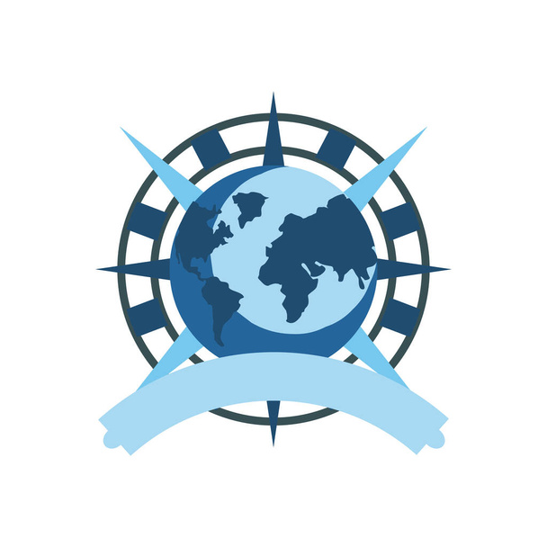 mundo náutico en brújula en sello sello con diseño de vectores de cinta - Vector, Imagen