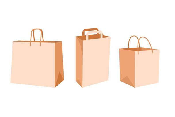 Ensemble d'illustrations vectorielles de sacs à provisions en papier isolés sur fond blanc. Sac plat vectoriel pour magasin - Vecteur, image