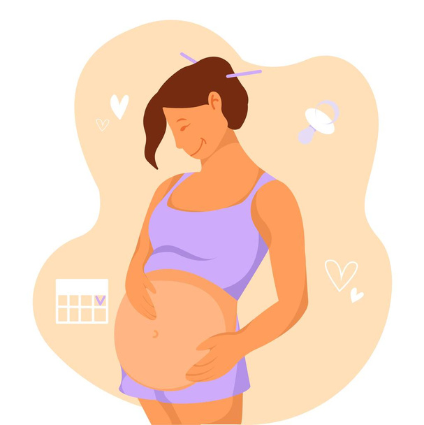 Piękna młoda kobieta w ciąży z dużym brzuchem logo płaski projekt ilustracji. Minimalistyczna konstrukcja, płaska ilustracja wektora kreskówki - Wektor, obraz