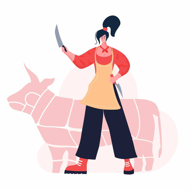 Kasap kadın. Kadın mesleği. Feminizm. Jambon, sosis, sığır eti ve domuz etiyle taze et ve et ürünleri. Et pazarı işçisi. İzole vektör illüstrasyonu - Vektör, Görsel