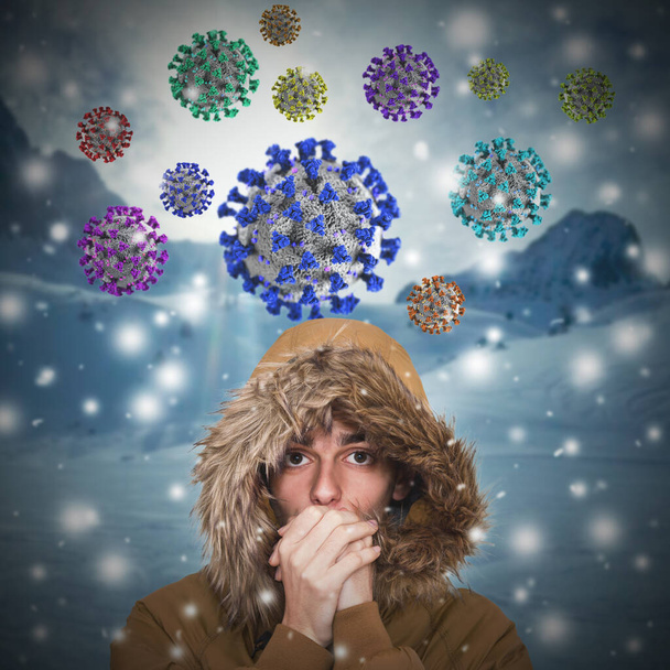 πορτρέτο του νεαρού άνδρα με κρύο και coronavirus το χειμώνα - Φωτογραφία, εικόνα