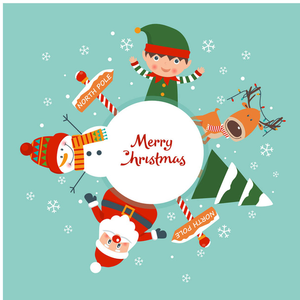 Merry Christmas card with elf, snowman,Santa, tree. Vector illustration.  - Vector, afbeelding