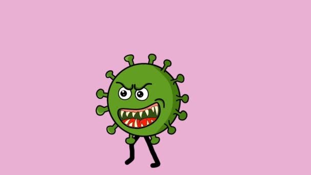 анимированное видео запуска персонажа зеленого коронавируса - Кадры, видео