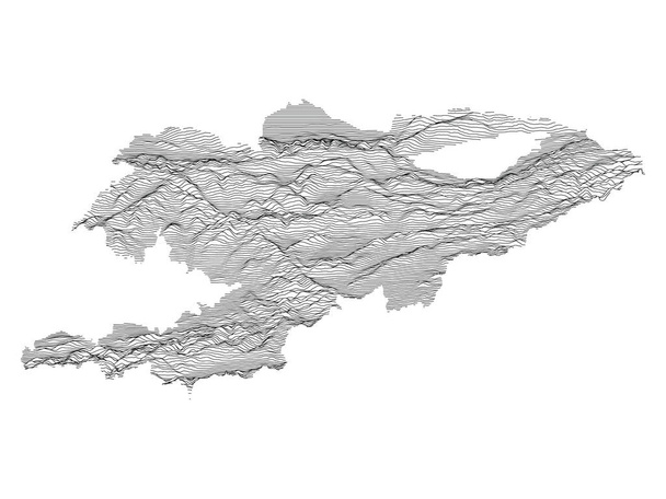 Fekete-fehér 3D-s kontúr topográfia Térkép ázsiai ország Kirgizisztán - Vektor, kép
