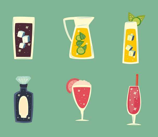 set of delicious and fresh cocktails on green background - Vector, Image