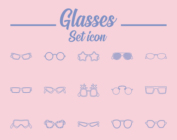 set icone occhiali, linea stile su sfondo rosa - Vettoriali, immagini