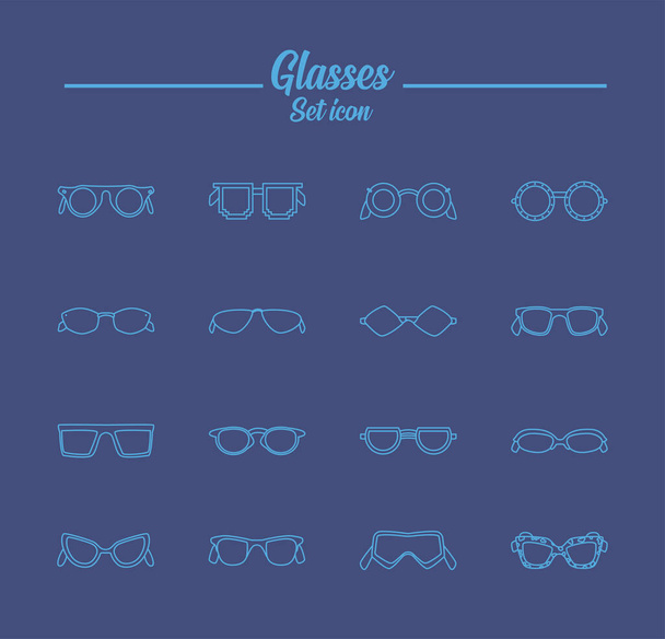 set bril pictogrammen, lijn stijl in blauwe achtergrond - Vector, afbeelding