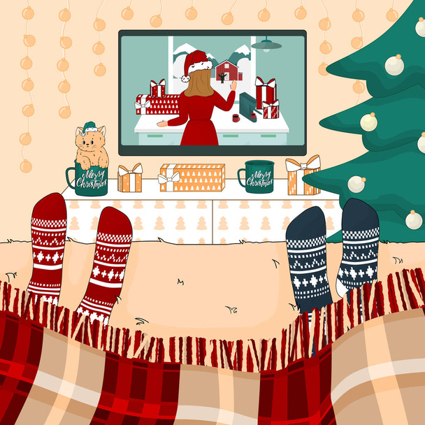 Pari, ystävät tai perhe katsovat joulun ja uudenvuoden elokuvia sängyllä neulotuissa sukissa ruudullisen alla. Huone on sisustettu vihreä, persikka, valkoiset värit. Joulukuusi lähellä valkoista TV pöytä - Vektori, kuva