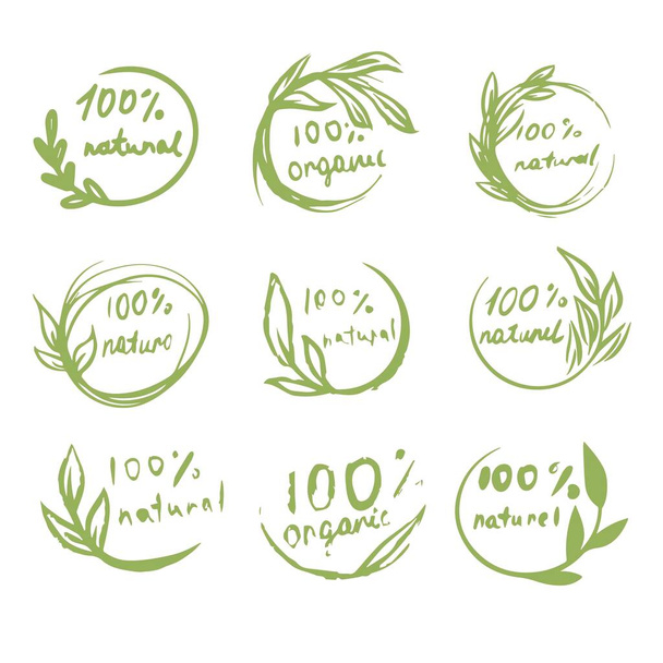 Retro style set of 100% bio, organic, gluten free, eco, healthy food labels. Organic food logo templates, floral and vintage elements in green color for restaurant menu or food package. Vector badges - Vector, Image
