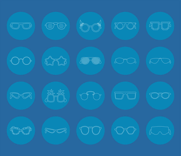 zestaw ikon okularów, styl linii nad niebieskim tle - Wektor, obraz
